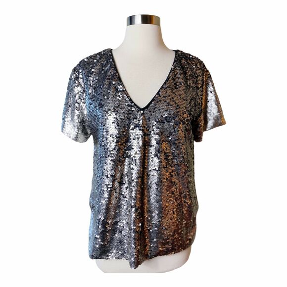 ANTHROPOLOGIE Sequin Top Short Sleeve V-Neck Vanessa Virginia Silver Small EUC - Picture 1 of 11